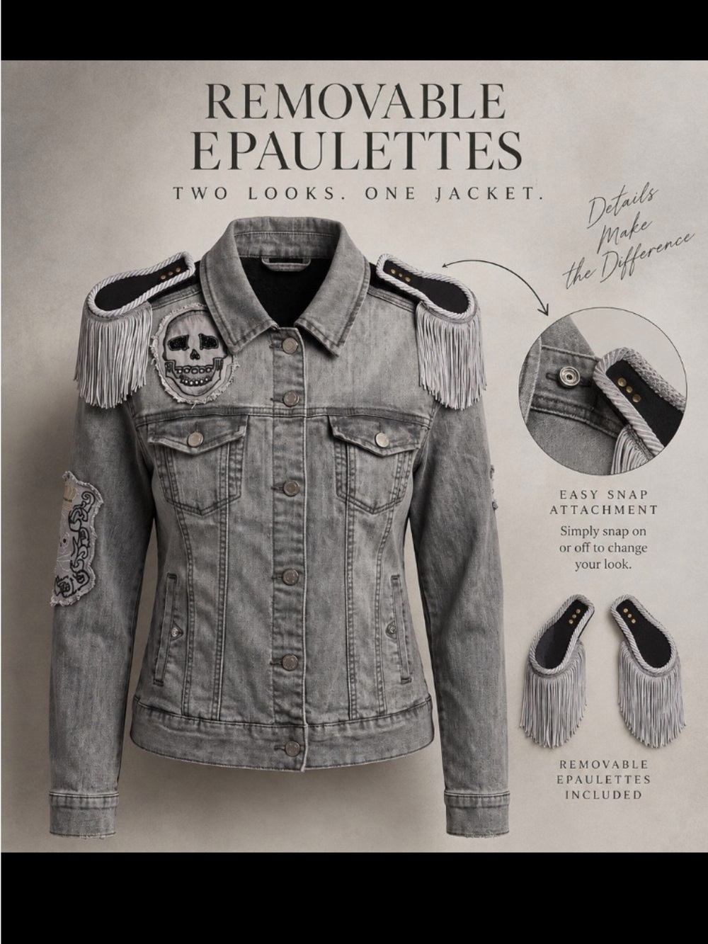 Hand Crafted Grey Embellished Skull Patch Denim Jacket